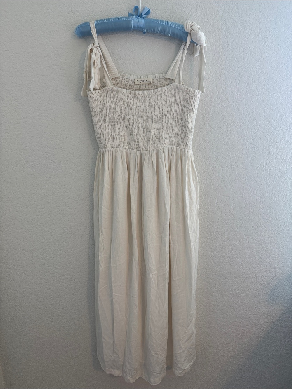 Hello MIZ Cream Smocked Maxi Dress with Tie Straps